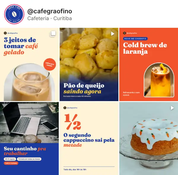 Feed de exemplo de uma cafeteria, com posts em laranja e marrom e letra marcante