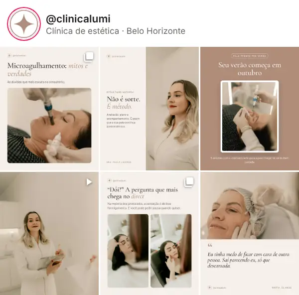 Feed de exemplo de uma clínica de estética, com posts em tons nude e letra delicada