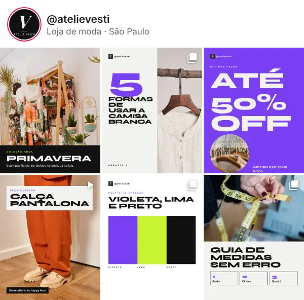 Feed de exemplo de uma loja de moda, com posts em verde oliva e terracota e letra larga